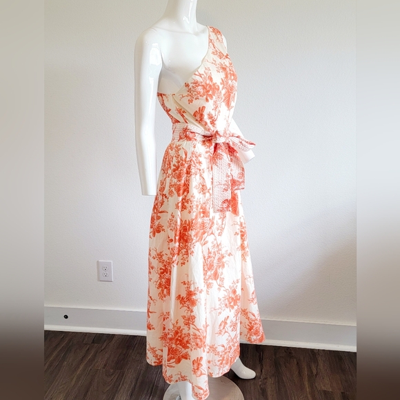 NWOT Zara One Shoulder Lined Belted Tropical Orange Print Midi Dress Sz XL - Picture 5 of 9